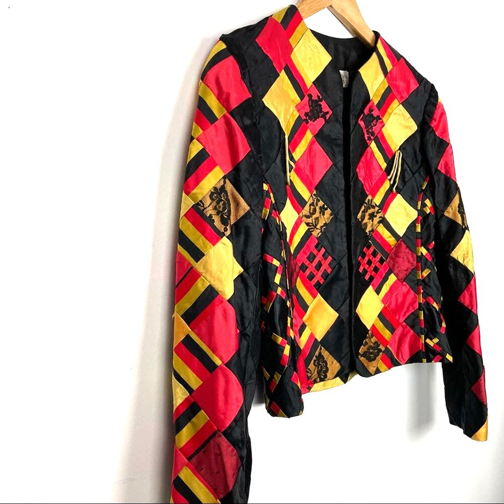Vintage Patchwork Lace Quilted Jacket Red Yellow … - image 3